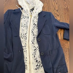 525 America sassy blazer with removable lace hoody that zips.